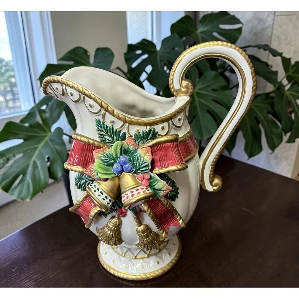 Fitz & Floyd Classics Christmas Deer Bow Bells Serving Pitcher Vase Bells Ribbon